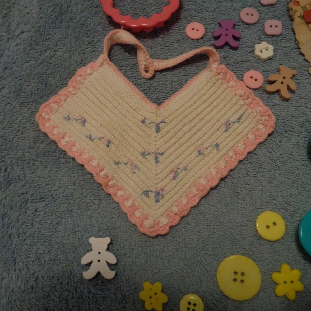 VINTAGE DOLL BIB, OLD VALENTINE, BABY SPOON, STOCKING, COOKIE CUTT, BUTTONS LOT